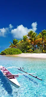 A boat floating on crystal-clear tropical waters near a lush island.