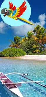 Tropical beach with a vibrant parrot flying over blue waters.