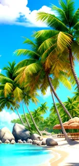 Tropical beach wallpaper with palm trees, blue sky, and ocean view.