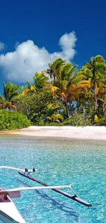 Tropical beach with a small boat, palm trees, and bright blue sky.