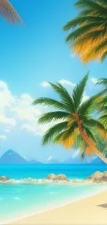 Tropical beach wallpaper with palm trees and blue ocean.