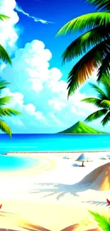 Tropical beach wallpaper with palm trees and island.