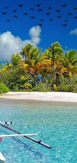 Tropical beach with palm trees and serene ocean view.