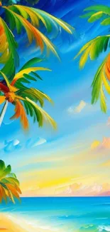 Vibrant tropical beach wallpaper with palms and sunset over ocean.