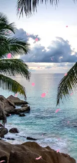 Serene tropical beach with palm trees and turquoise ocean.