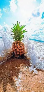 Pineapple on a beach with clear blue sky and waves.