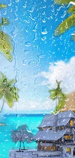 Rainy tropical beach with palm trees and a house in the background.