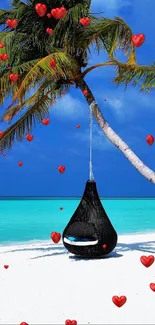 A lone palm tree on a tropical beach with a turquoise ocean and blue sky.