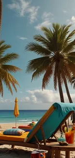 Tropical beach scene with palm trees.