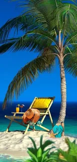 Beach wallpaper with palm tree and chair on a small sandy island.