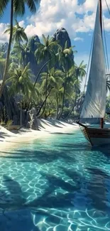Sailboat on a tropical beach with clear water and palm trees.