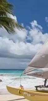 Vibrant sailboat on a tropical beach under a blue sky with palm trees.