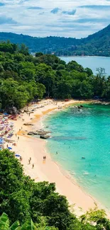 Vibrant tropical beach with turquoise water and lush greenery under a clear sky.