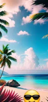 A serene tropical beach with palm trees and an emoji under a vibrant sky.