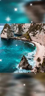 Tropical beach with teal ocean and cliffs wallpaper.