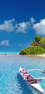 Mobile wallpaper of a tranquil tropical beach with azure waters and lush greenery.