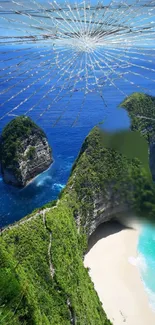 Tropical beach with shattered glass effect, featuring blue ocean and lush cliffs.