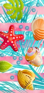 Vibrant tropical wallpaper with seashells and starfish on a turquoise background.