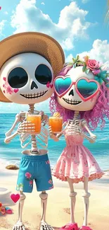 Skeleton couple enjoying a vibrant beach day with heart accessories.