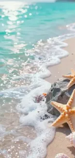 Starfish on sandy beach with turquoise waves.
