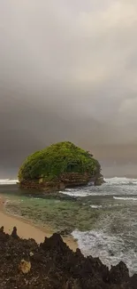 Dramatic tropical beach with storm clouds and lush greenery.