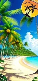 Colorful tropical beach wallpaper with palm trees and ocean.