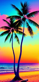 Vibrant tropical beach sunset with palm trees and colorful sky.