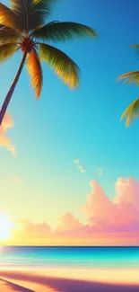 Tropical beach sunset wallpaper with palm trees and pastel skies.