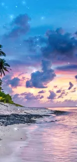 Tropical beach sunset with palm trees and vibrant sky.