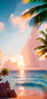 Tropical beach sunset with palm trees and vibrant ocean view.