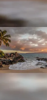 A stunning tropical beach during sunset with palm trees and ocean waves.