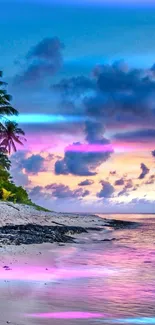 Tropical beach at sunset with palm trees and colorful sky.