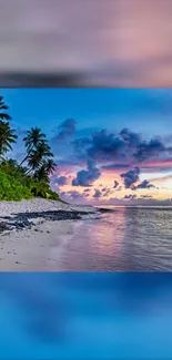 Tropical beach at sunset with a colorful sky and palm trees along the shore.