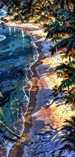 Tropical beach with palms at sunset waves