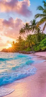 Beautiful tropical beach sunset with pink sand and palm trees.