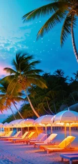 Tropical beach at sunset with palm trees and colorful skies.