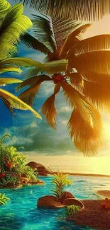 Tropical beach sunset with palms and ocean