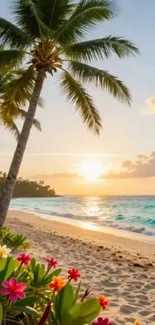 Tropical beach with palm trees and sunset.