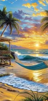 Tropical beach scene with hammock at sunset and palm trees.