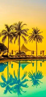 Tropical paradise with palm trees reflecting in a sunset-lit pool.