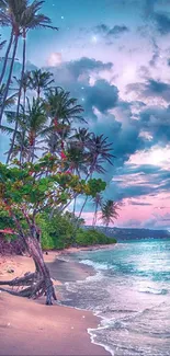 Tropical beach with palm trees at sunset under a colorful sky.