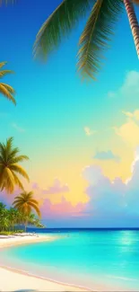 Tropical beach scene with sunset and palm trees.