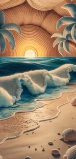 Artistic beach scene with sunset and palms.