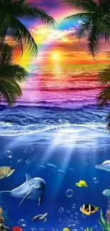 Vibrant tropical beach sunset with marine life and palm trees.