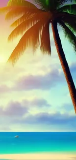 Tropical beach at sunset with palm trees and a vibrant sky.