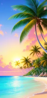 Tropical beach sunset with palm trees, vibrant sky, and serene ocean waters.