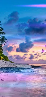 A stunning tropical beach at sunset with colorful skies and palm trees.