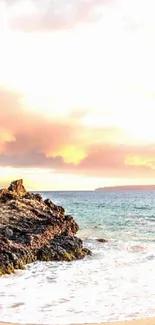 Tropical beach with palm trees at sunset and ocean waves.