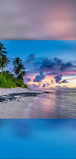 Tropical beach at sunset with palm trees and vibrant sky.