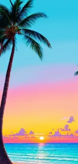 Vibrant tropical beach sunset with palm trees and ocean waves.